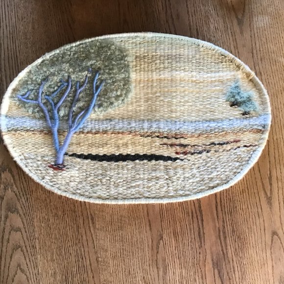 Vintage 70's Handmade Woven Fiber Hanging Wall Art Tree of Life Scene - Picture 2 of 9